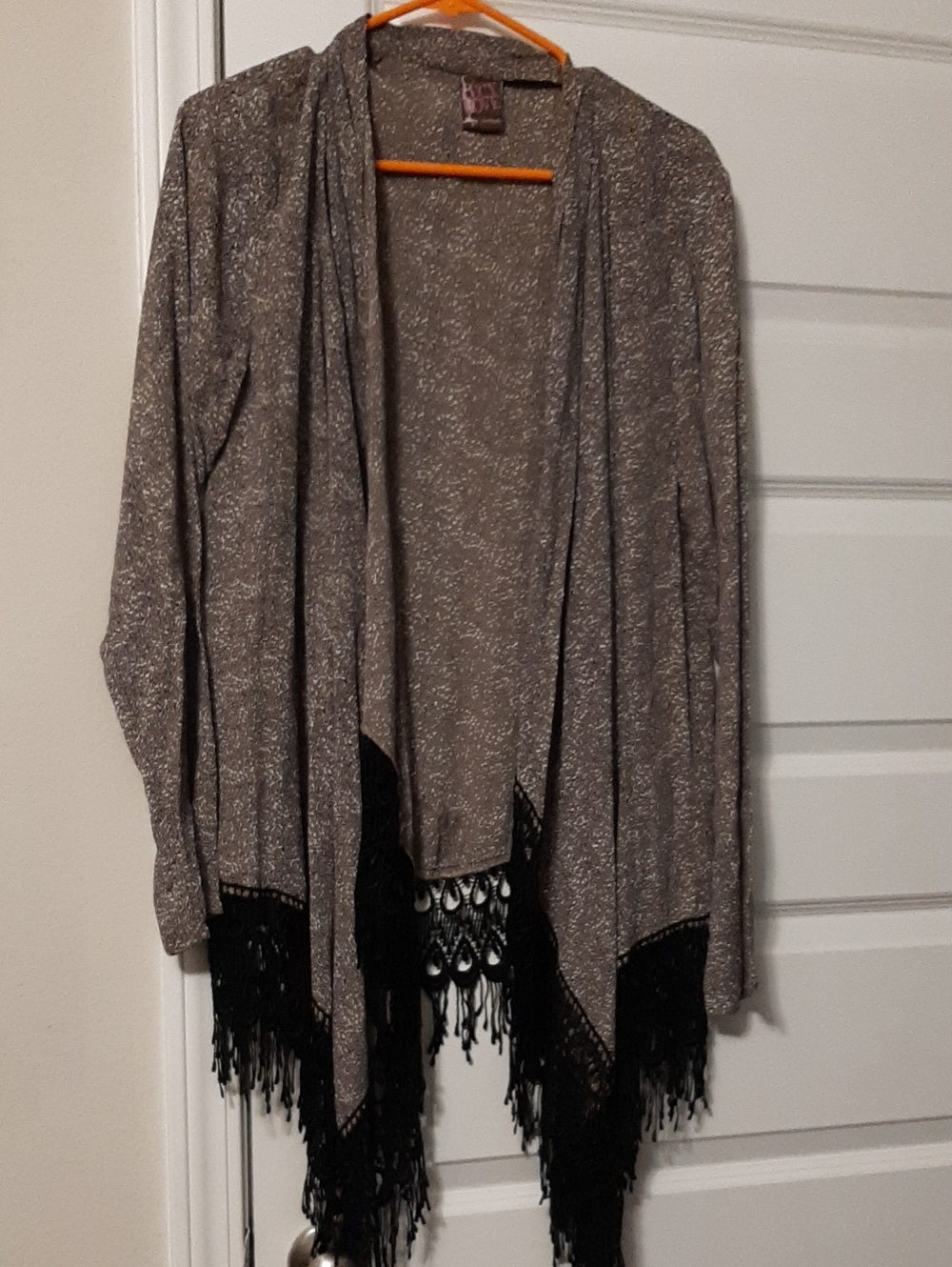 Lucy Love Boho Gray Open-Front Fringe Cardigan Sweater Vintage Style Medium
